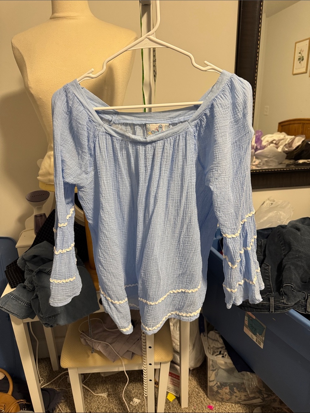 grand & greene Pale Blue Gauze Peasant Blouse with Cream Trim